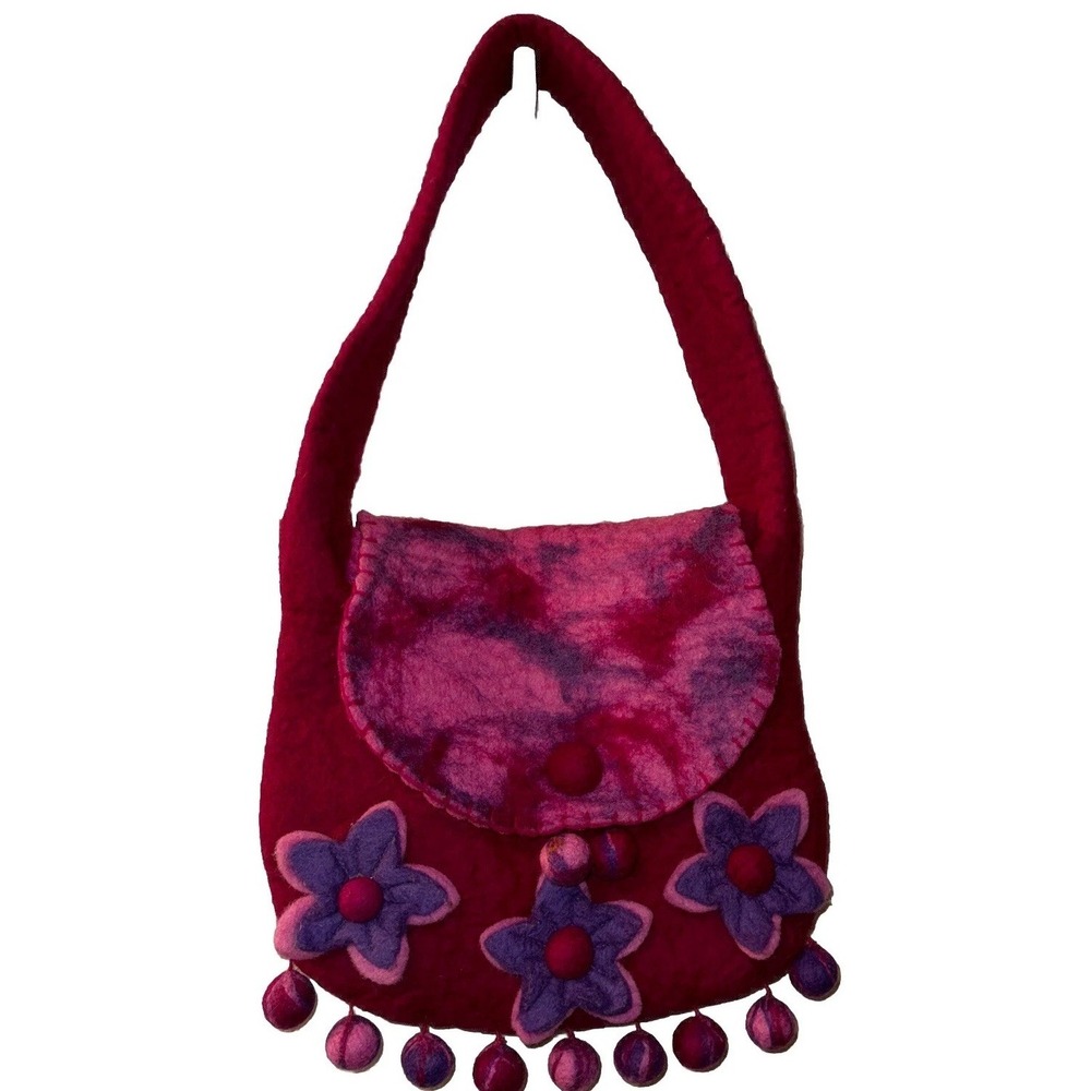 Cheppu Woolen Felt Tie Dye Purse Pom Pom Shoulder Bag Flower Nepal Festival